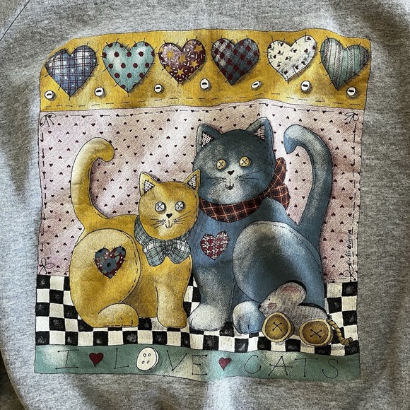 Vintage Fruit Of The Loom Sweatshirt I Love Cats Stitch Look Cottagecore Sz XXL - Picture 2 of 7